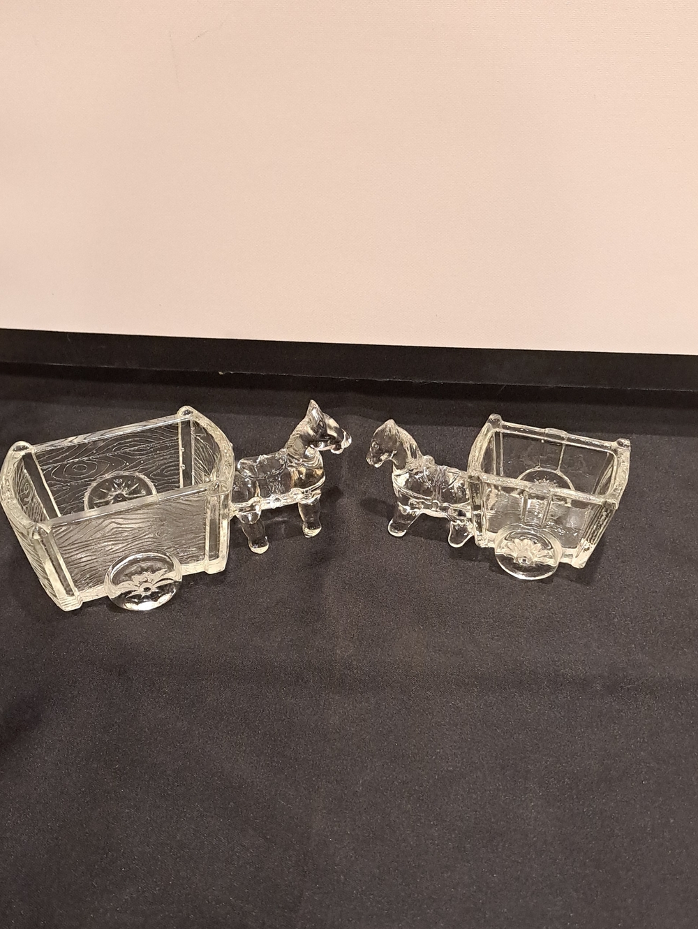 Pair Clear MCM Vtg Jeannette Glass Donkey & Cart Candy And Toothpick Holders